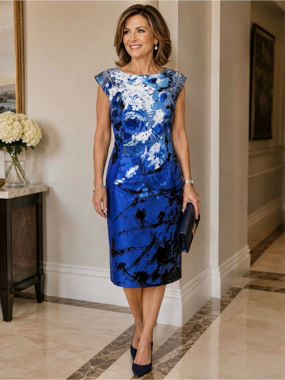 Kay Unger Royal Blue Floral Sheath Dress